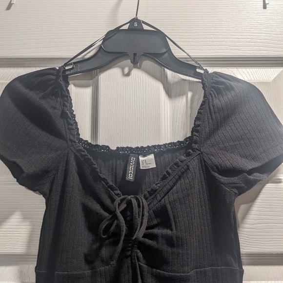 Lace Trim Black Mini Dress with Flared Skirt size small - Picture 2 of 7